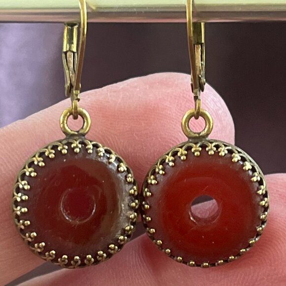 Carnelian Agate Drop Earrings - Bezel - Lever Back Ear Wires - Picture 2 of 6